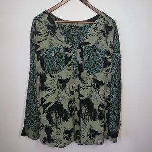Intro Top Womens Plus 3X Green Black‎ Floral 1/4 Button Long Sleeves Fall Casual